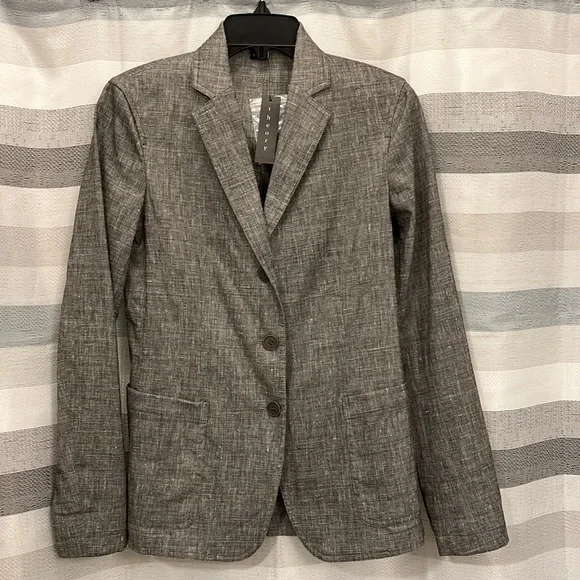 NEW Theory Minou T Linen Blend Blazer, Sharkskin Crunch, Black and Ivory